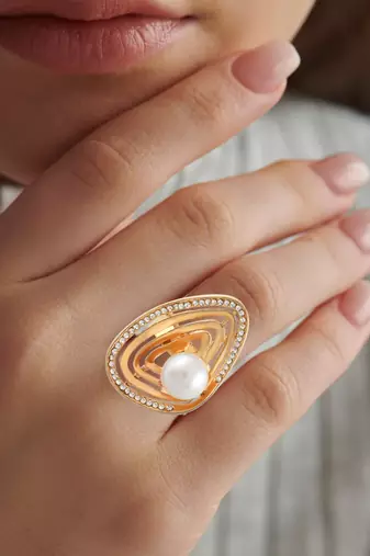 Brass gold cz pearl fashion finger ring for women