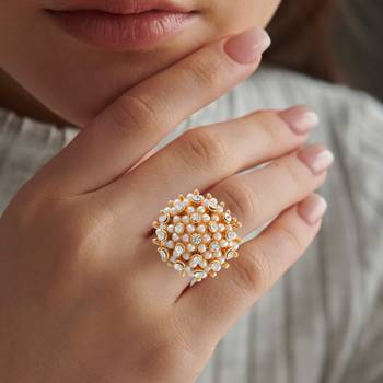 Brass goldcz and pearl fingerring women free size 5