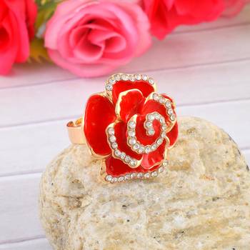 Brass gold plated cz red rose design fashion finger ring women free size 1