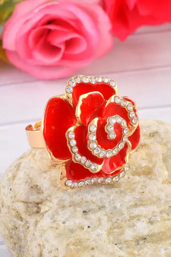 Brass gold plated cz red rose design fashion finger ring women free size