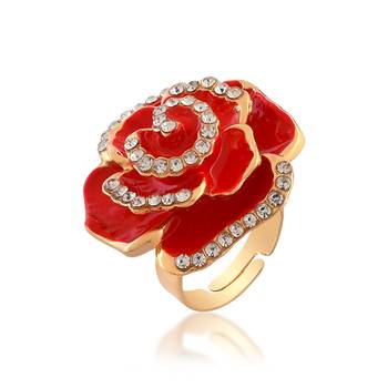 Brass gold plated cz red rose design fashion finger ring women free size 2