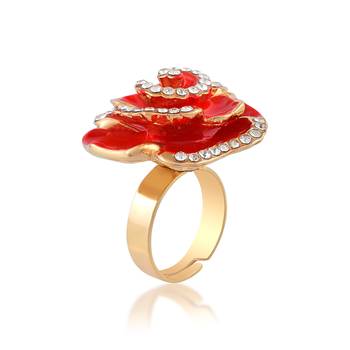 Brass gold plated cz red rose design fashion finger ring women free size 4