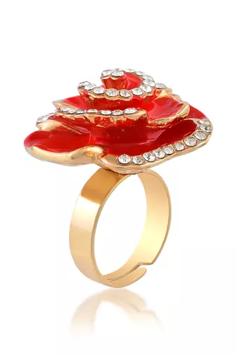 Brass gold plated cz red rose design fashion finger ring women free size
