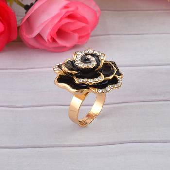 Brass gold plated cz black rose design fashion finger ring women free size 1