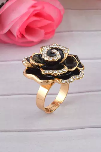 Brass gold plated cz black rose design fashion finger ring women free size