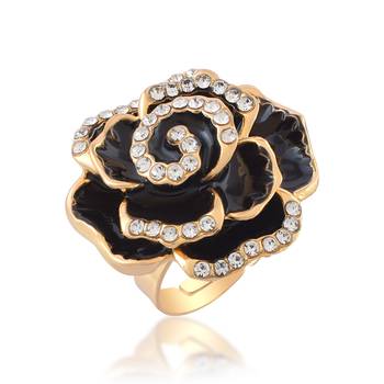 Brass gold plated cz black rose design fashion finger ring women free size 2