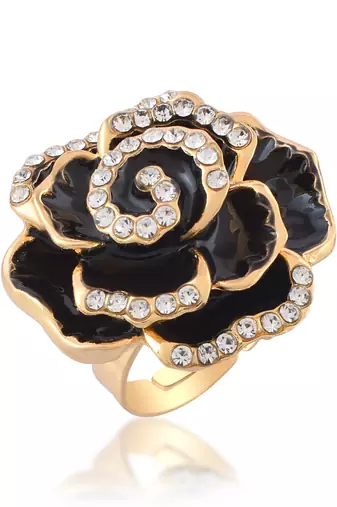 Brass gold plated cz black rose design fashion finger ring women free size