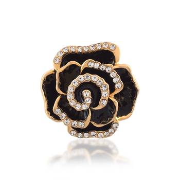 Brass gold plated cz black rose design fashion finger ring women free size 3
