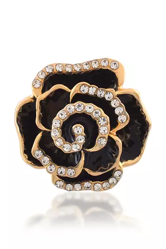 Brass gold plated cz black rose design fashion finger ring women free size