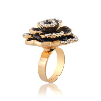 Brass gold plated cz black rose design fashion finger ring women free size 4