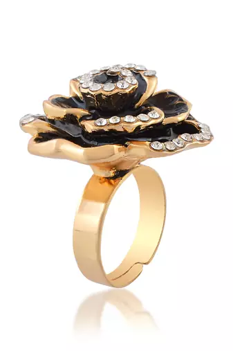 Brass gold plated cz black rose design fashion finger ring women free size