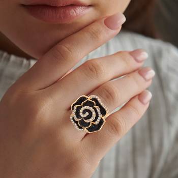 Brass gold plated cz black rose design fashion finger ring women free size 5