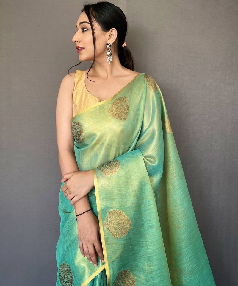 Sea Green Shining Tissue silk blend Saree 