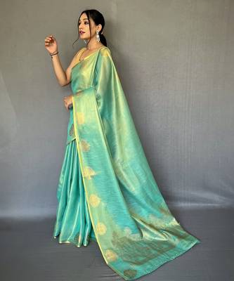 Sea Green Shining Tissue silk blend Saree  2