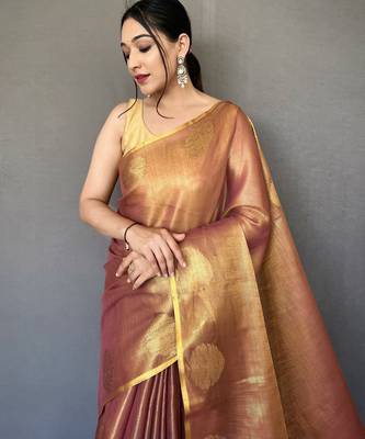 Pinkish Brown Shining Tissue silk blend Saree  1