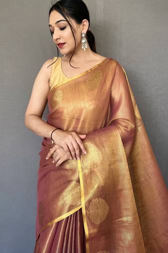 Pinkish Brown Shining Tissue silk blend Saree 