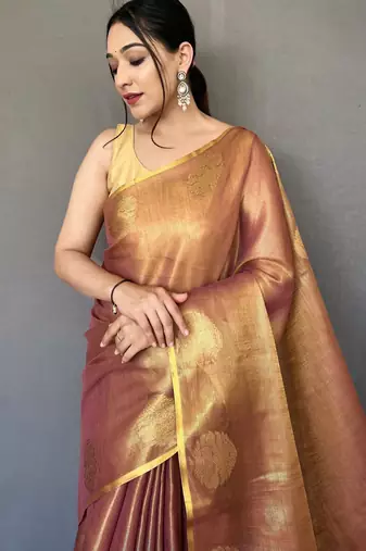 Pinkish Brown Shining Tissue silk blend Saree 