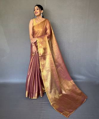 Pinkish Brown Shining Tissue silk blend Saree  2