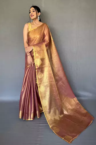 Pinkish Brown Shining Tissue silk blend Saree 