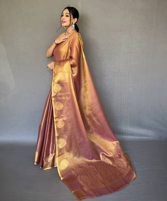 Pinkish Brown Shining Tissue silk blend Saree  4