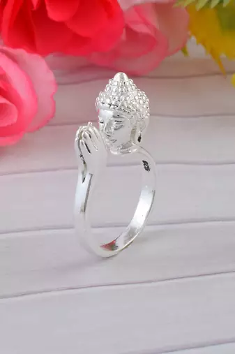 Brass anti tarnish silver plated folding hand buddha monk finger ring men women