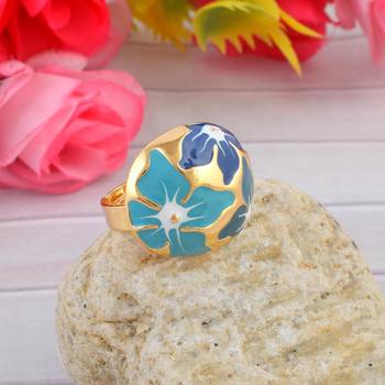 Brass gold and blue mural finger ring for women free size 1
