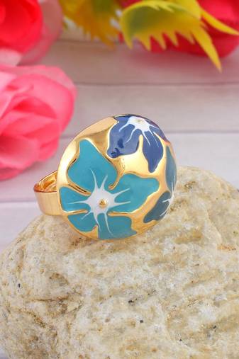 Brass gold and blue mural finger ring for women free size