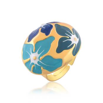 Brass gold and blue mural finger ring for women free size 3