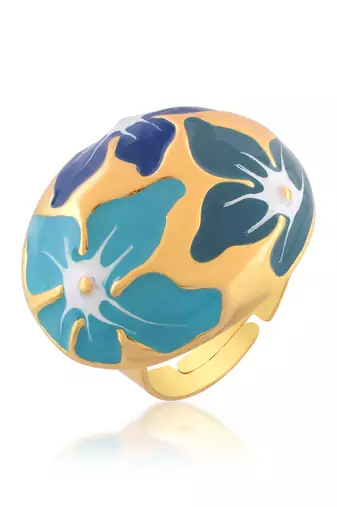 Brass gold and blue mural finger ring for women free size