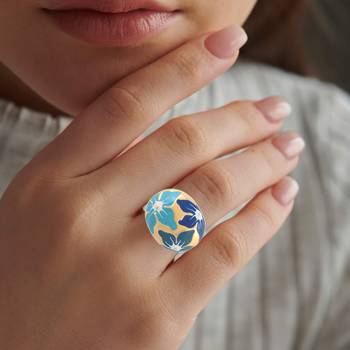 Brass gold and blue mural finger ring for women free size 5