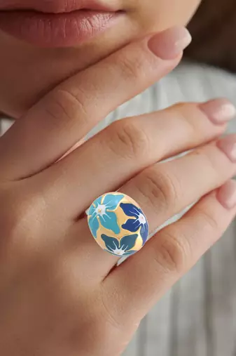 Brass gold and blue mural finger ring for women free size
