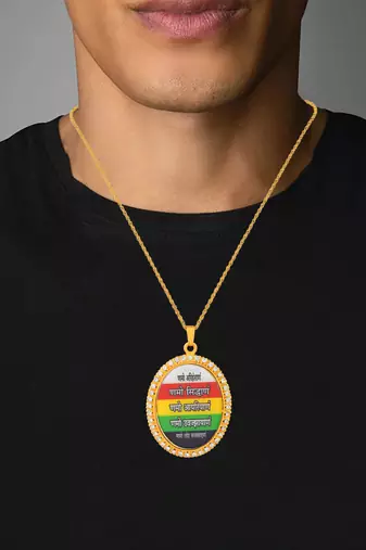 dzine trendz brass gold plated cz jain namokar navkar mantra pendant – multicolor (7x5 cm)