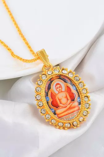 Brass gold plated cz jain mahavir swami chain pendant