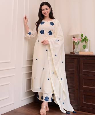  Viscose Thread work Straight Kurta with Pant And Dupatta Set 3