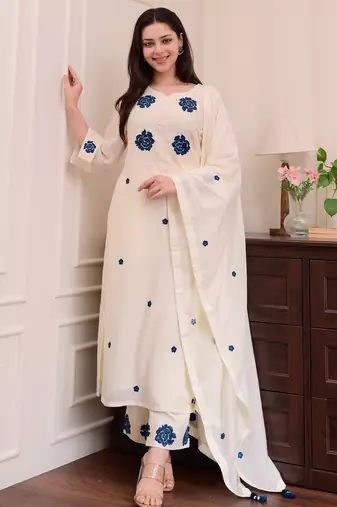  Viscose Thread work Straight Kurta with Pant And Dupatta Set