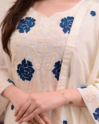  Viscose Thread work Straight Kurta with Pant And Dupatta Set 4