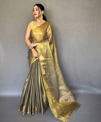 Olive Green Shining Tissue silk blend Saree  2