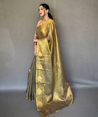 Olive Green Shining Tissue silk blend Saree  3