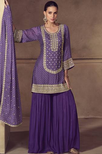 Violet chinon silk embroidered designer sharara suit