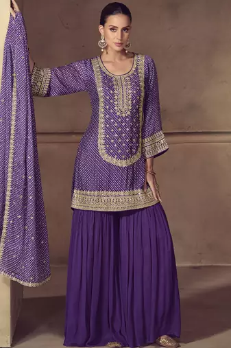 Violet chinon silk embroidered designer sharara suit