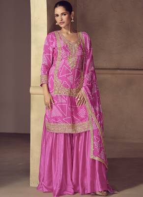 Pink chinon silk embroidered designer sharara suit 1