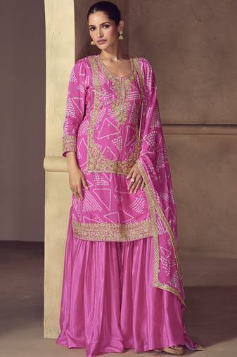 Pink chinon silk embroidered designer sharara suit