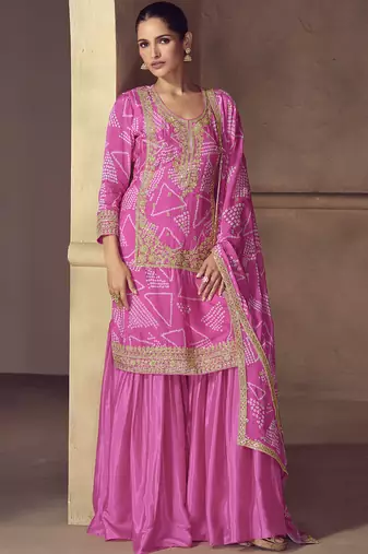 Pink chinon silk embroidered designer sharara suit