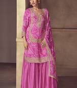 Pink chinon silk embroidered designer sharara suit