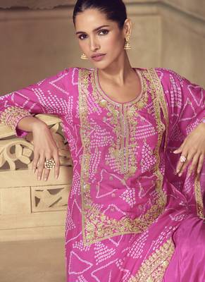 Pink chinon silk embroidered designer sharara suit 2