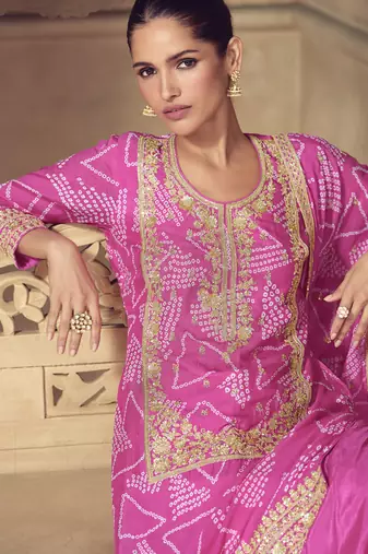 Pink chinon silk embroidered designer sharara suit