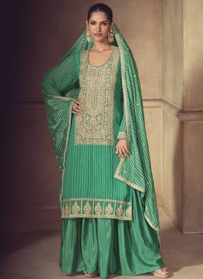 Bottel green chinon silk embroidered designer sharara suit 1
