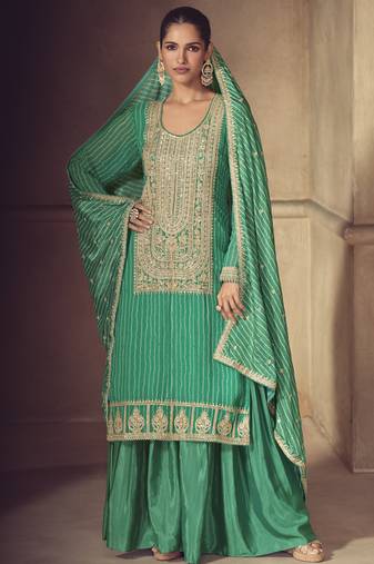 Bottel green chinon silk embroidered designer sharara suit