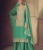 Bottel green chinon silk embroidered designer sharara suit