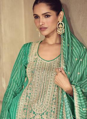 Bottel green chinon silk embroidered designer sharara suit 2